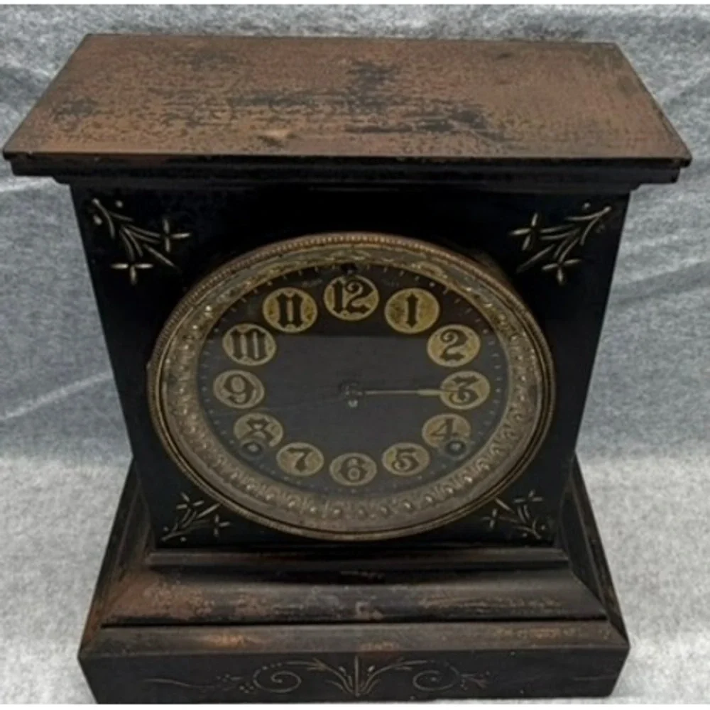Antique Ansonia Mantel Clock Black Gold Floral 1882 Patent Victorian Decor